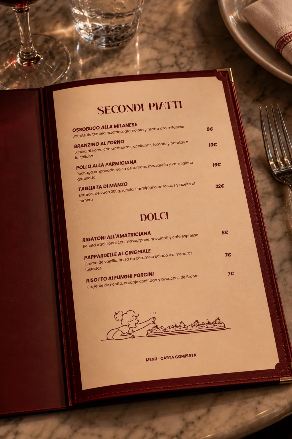 Interior carta restaurante italiano Barcelona — PIATTO Agency
